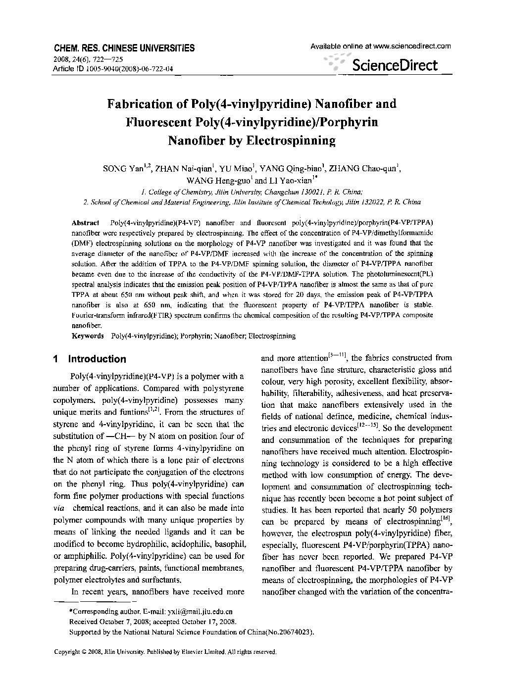 Fabrication of Poly(4-vinylpyridine) Nanofiber and Fluorescent Poly(4-vinylpyridine)/Porphyrin Nanofiber by Electrospinning