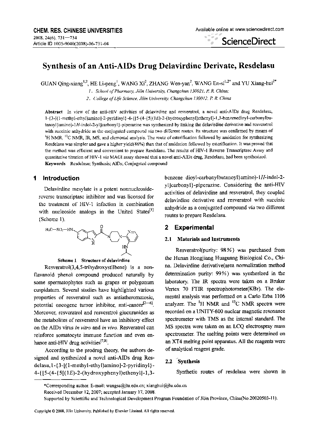 Synthesis of an Anti-AIDs Drug Delavirdine Derivate, Resdelasu