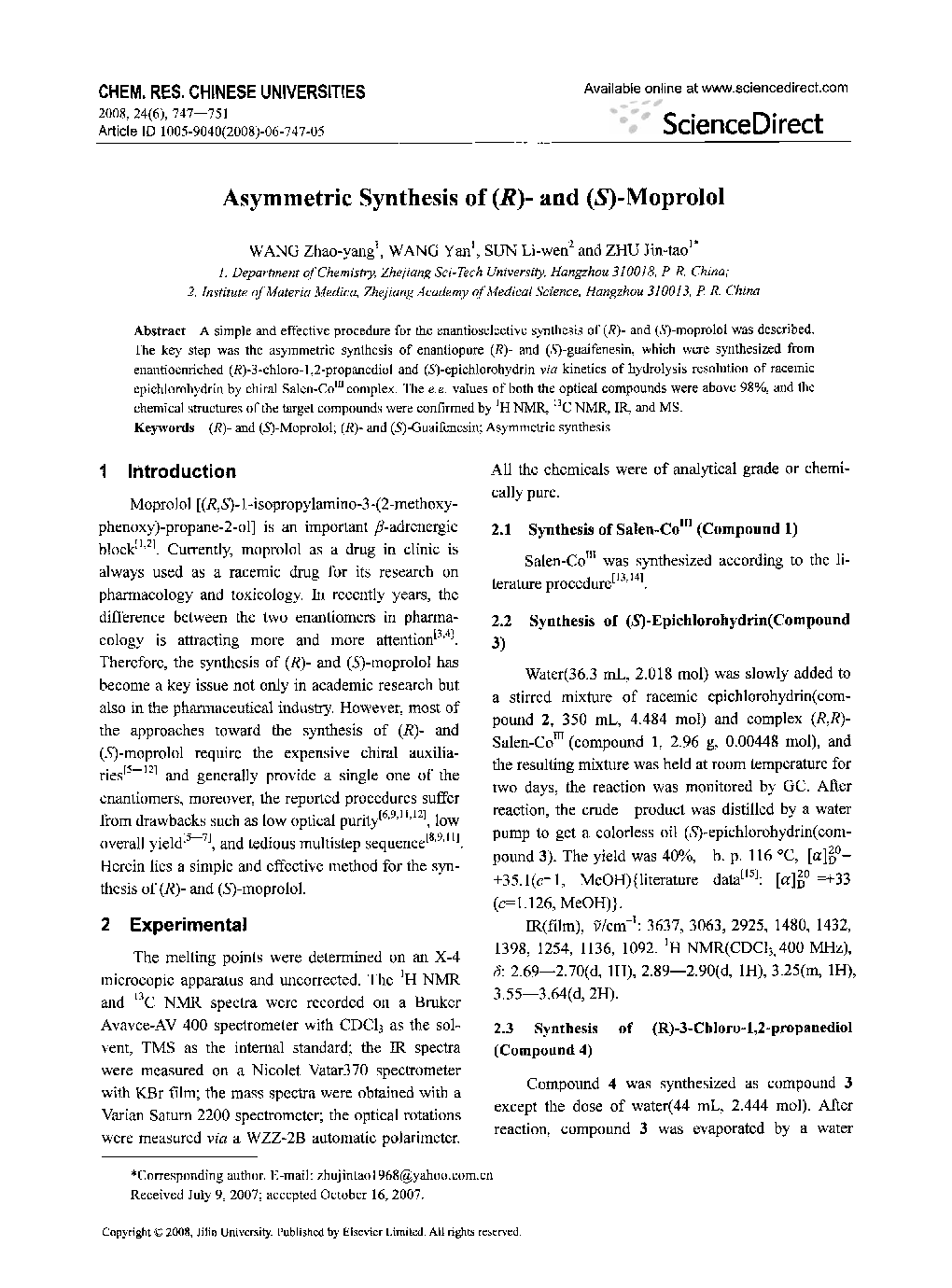 Asymmetric Synthesis of (R)- and (S)-Moprolol