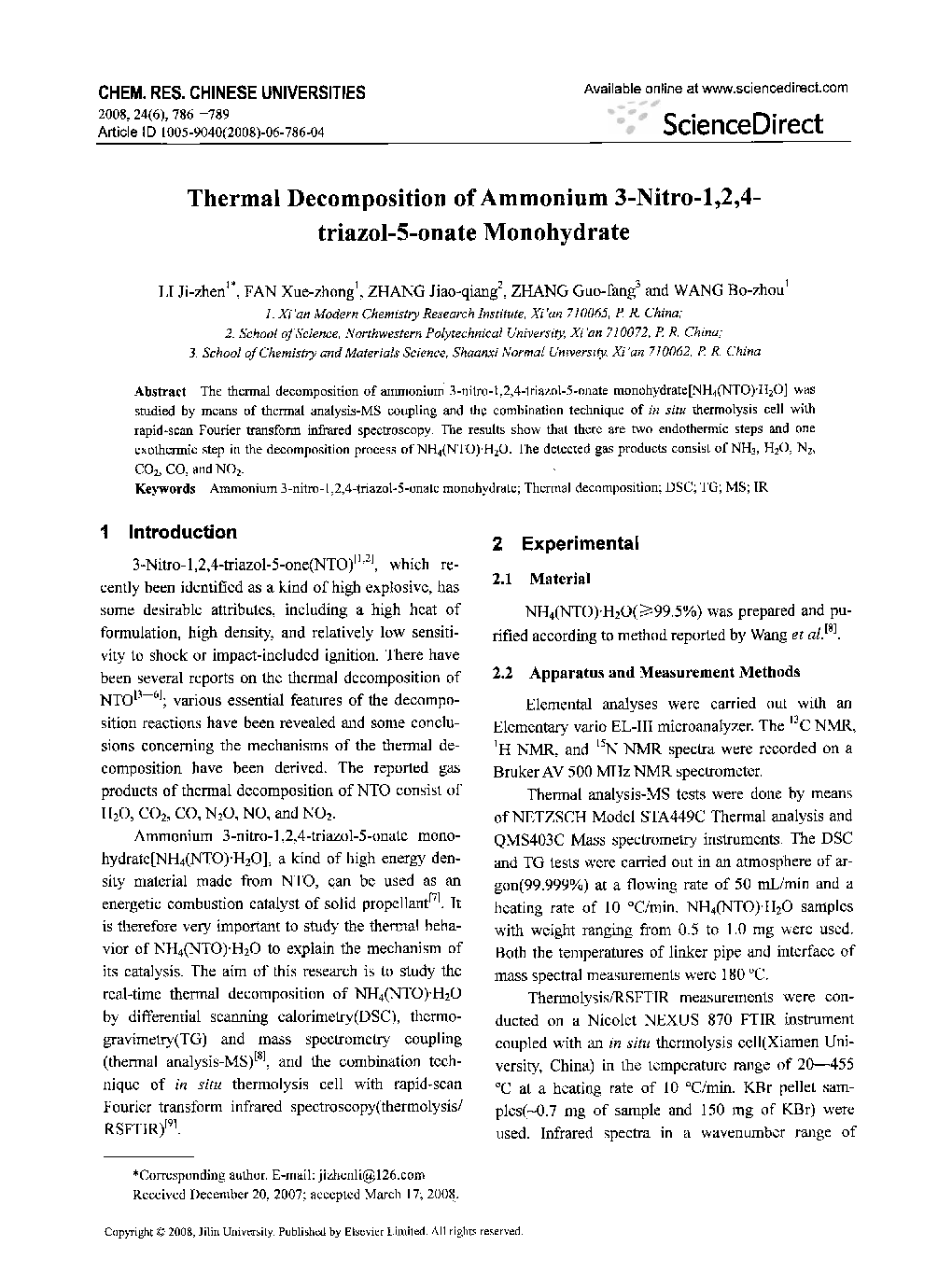 Thermal Decomposition of Ammonium 3-Nitro-1,2,4-triazol-5-onate Monohydrate