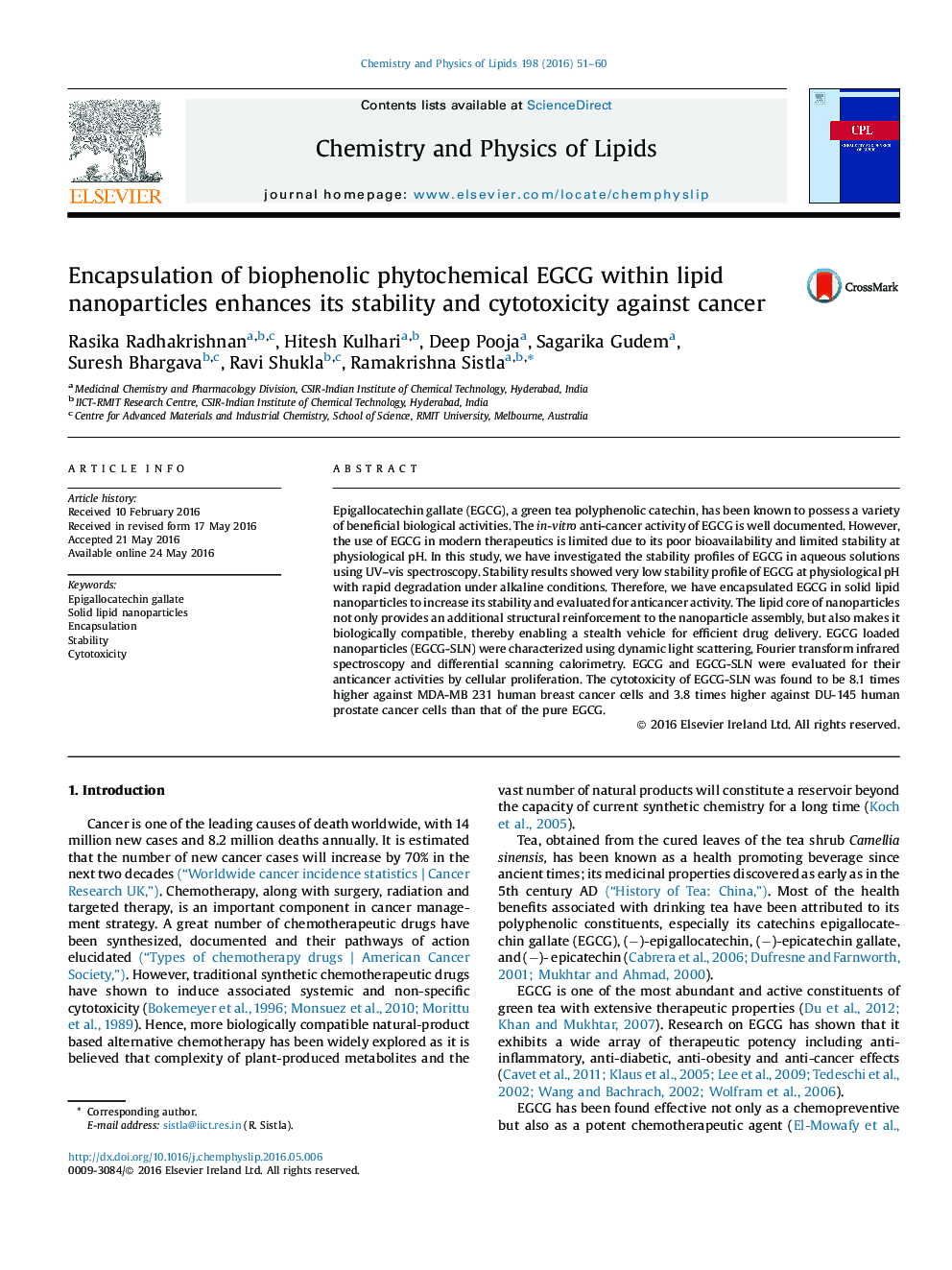 Encapsulation of biophenolic phytochemical EGCG within lipid nanoparticles enhances its stability and cytotoxicity against cancer