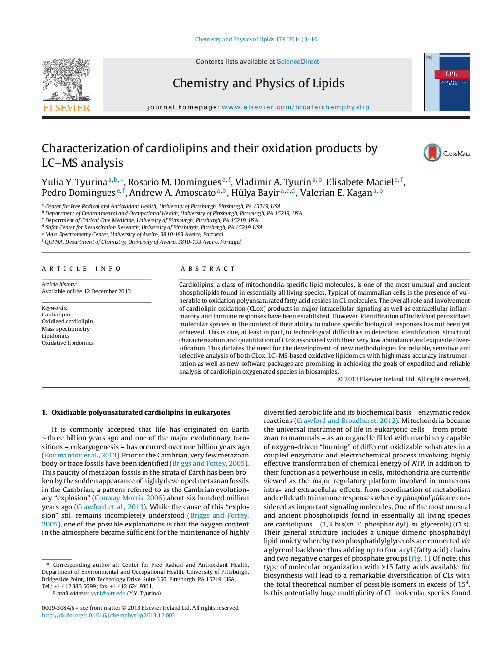 Characterization of cardiolipins and their oxidation products by LC–MS analysis