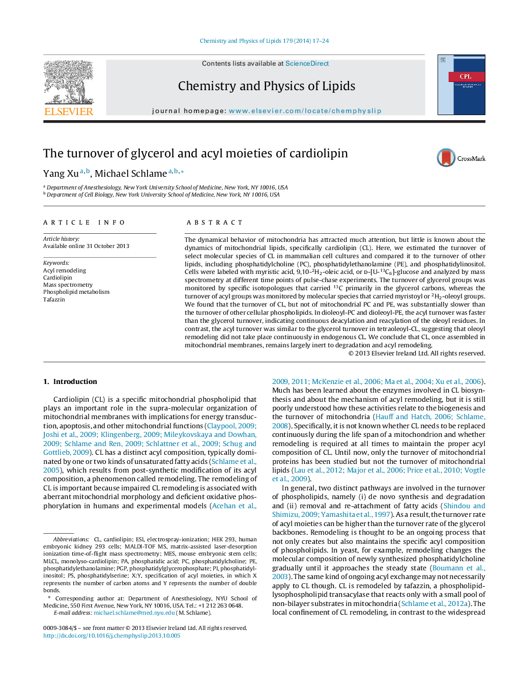 The turnover of glycerol and acyl moieties of cardiolipin