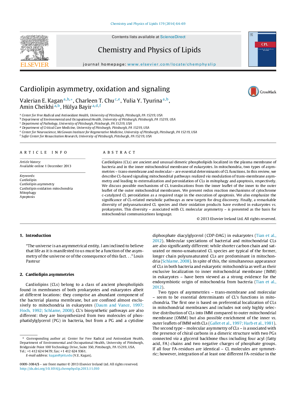 Cardiolipin asymmetry, oxidation and signaling