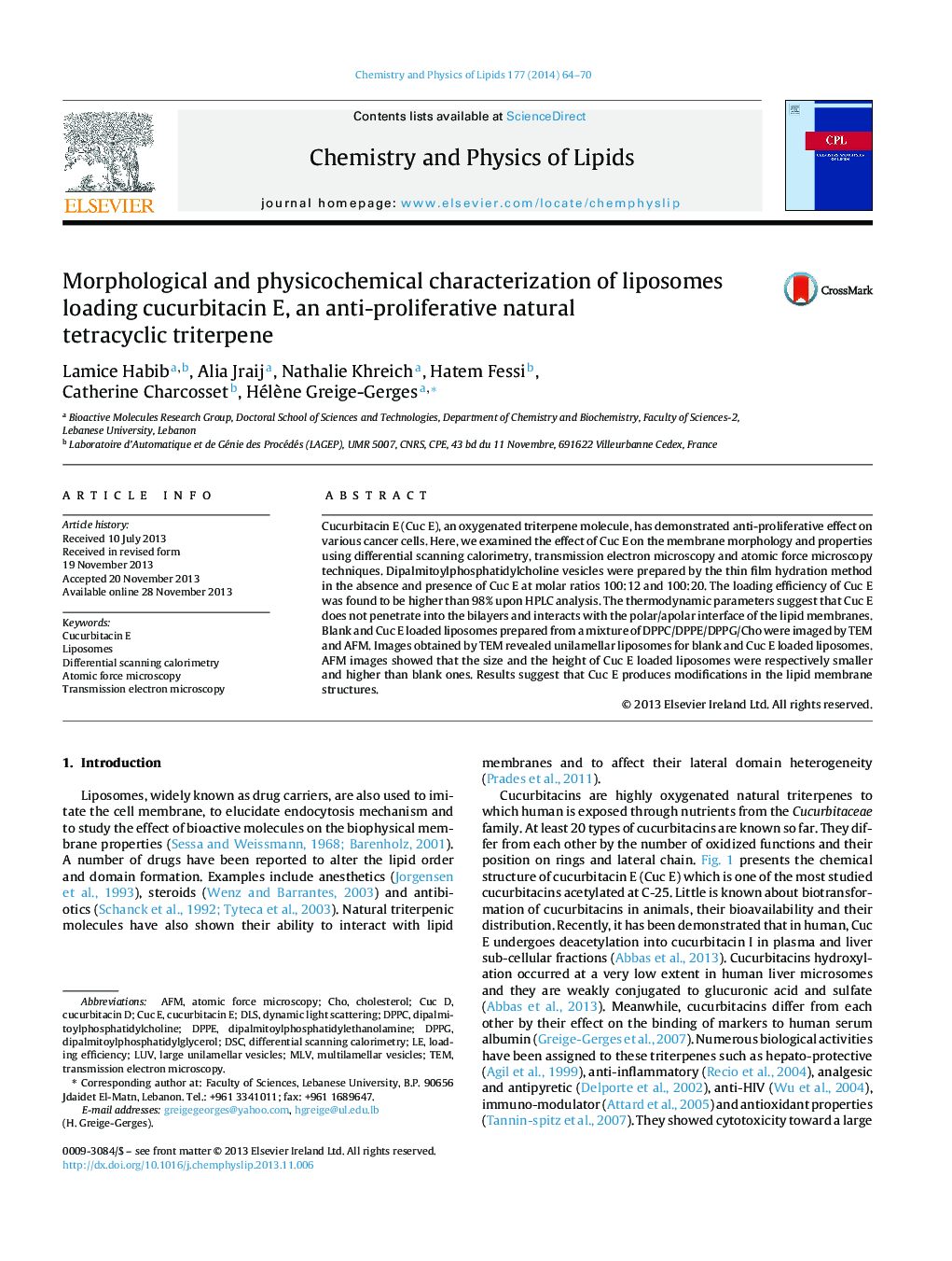 Morphological and physicochemical characterization of liposomes loading cucurbitacin E, an anti-proliferative natural tetracyclic triterpene