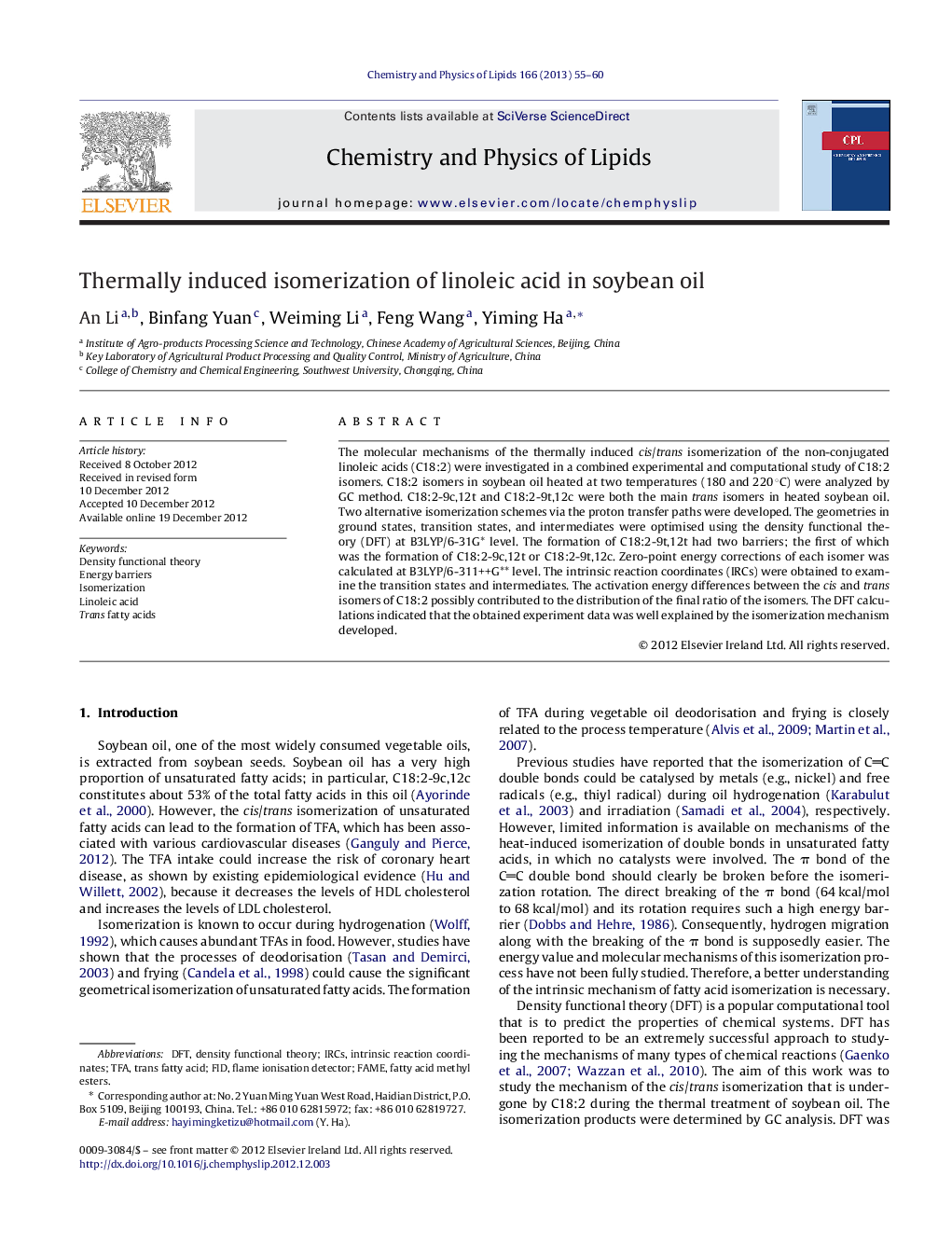 Thermally induced isomerization of linoleic acid in soybean oil