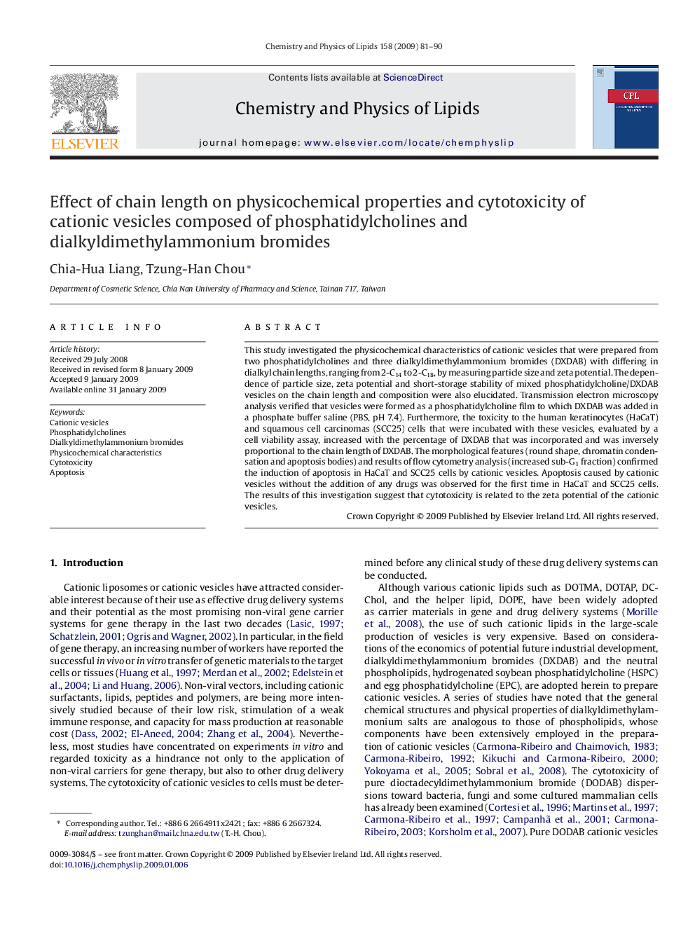 Effect of chain length on physicochemical properties and cytotoxicity of cationic vesicles composed of phosphatidylcholines and dialkyldimethylammonium bromides