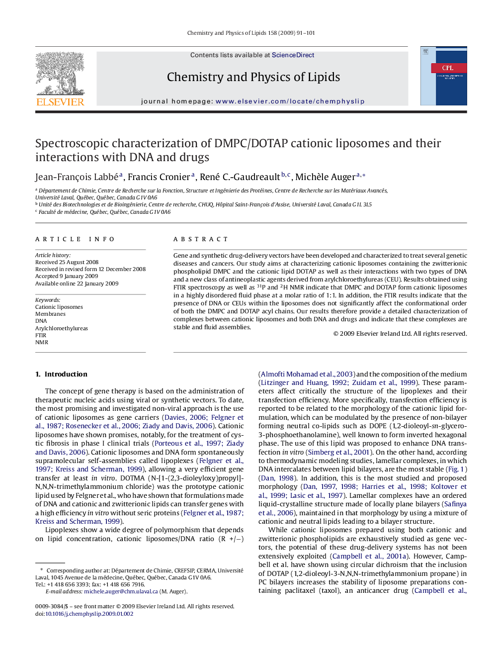 Spectroscopic characterization of DMPC/DOTAP cationic liposomes and their interactions with DNA and drugs