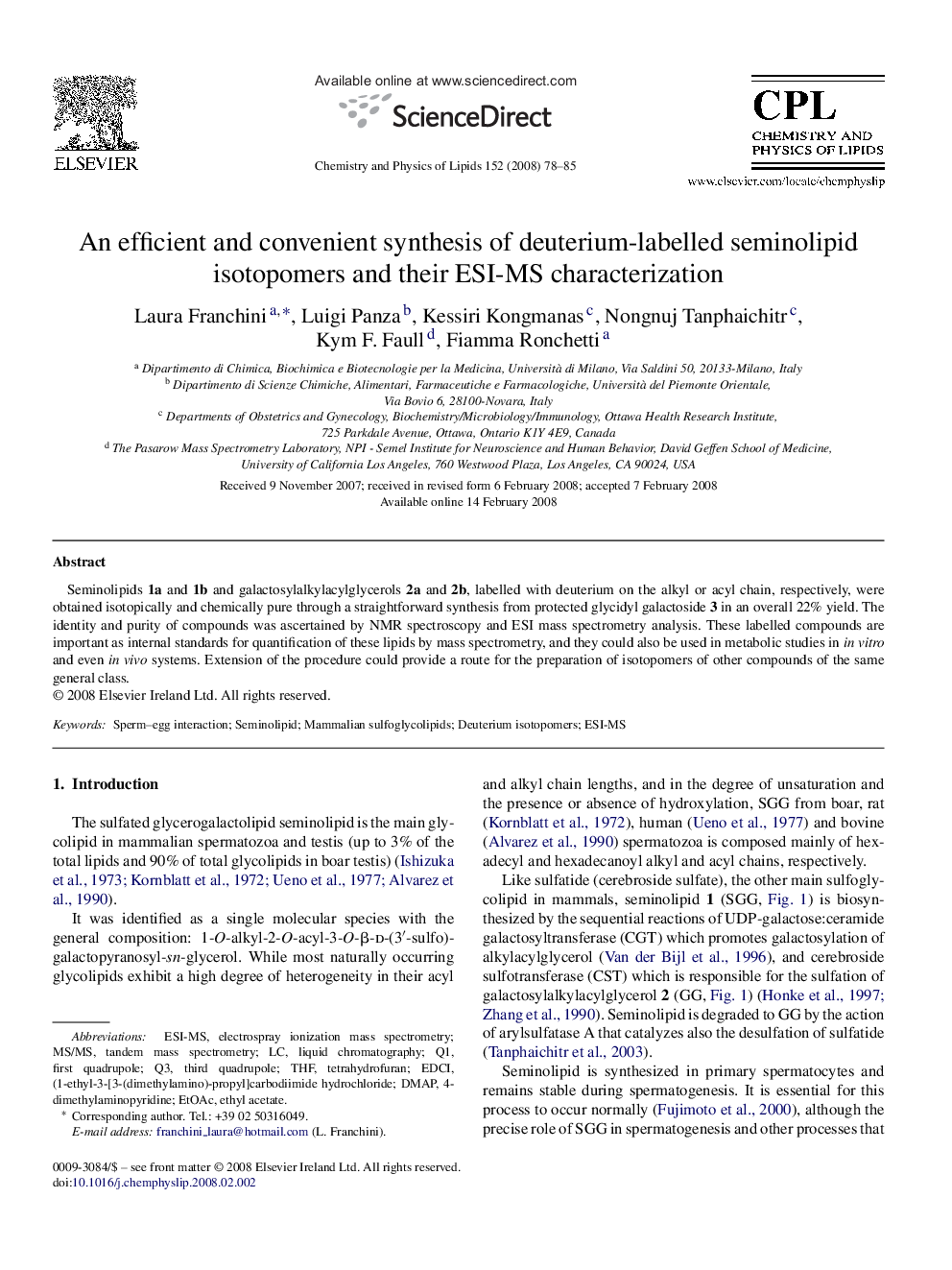 An efficient and convenient synthesis of deuterium-labelled seminolipid isotopomers and their ESI-MS characterization