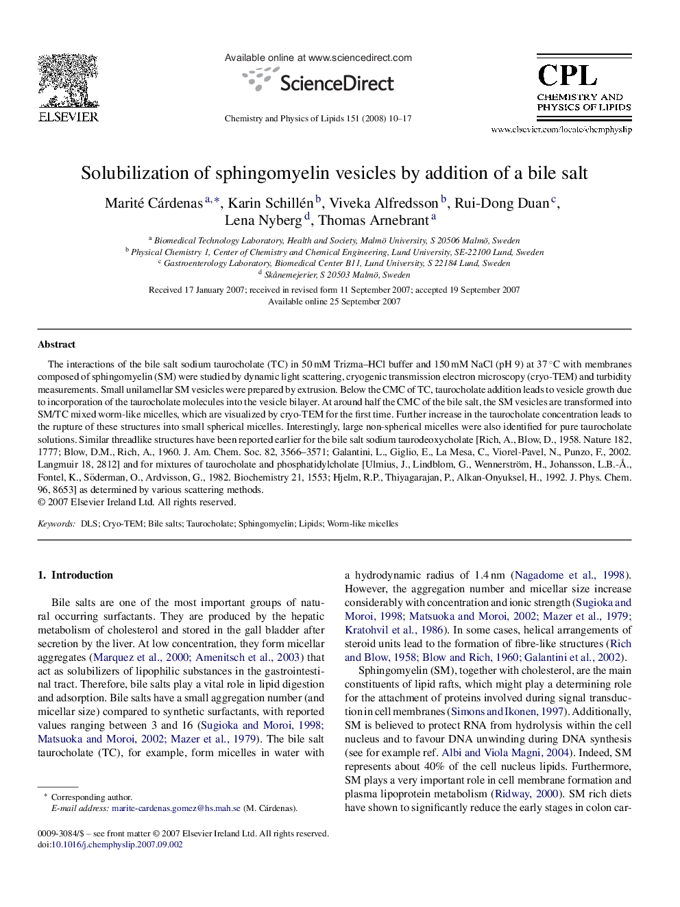 Solubilization of sphingomyelin vesicles by addition of a bile salt