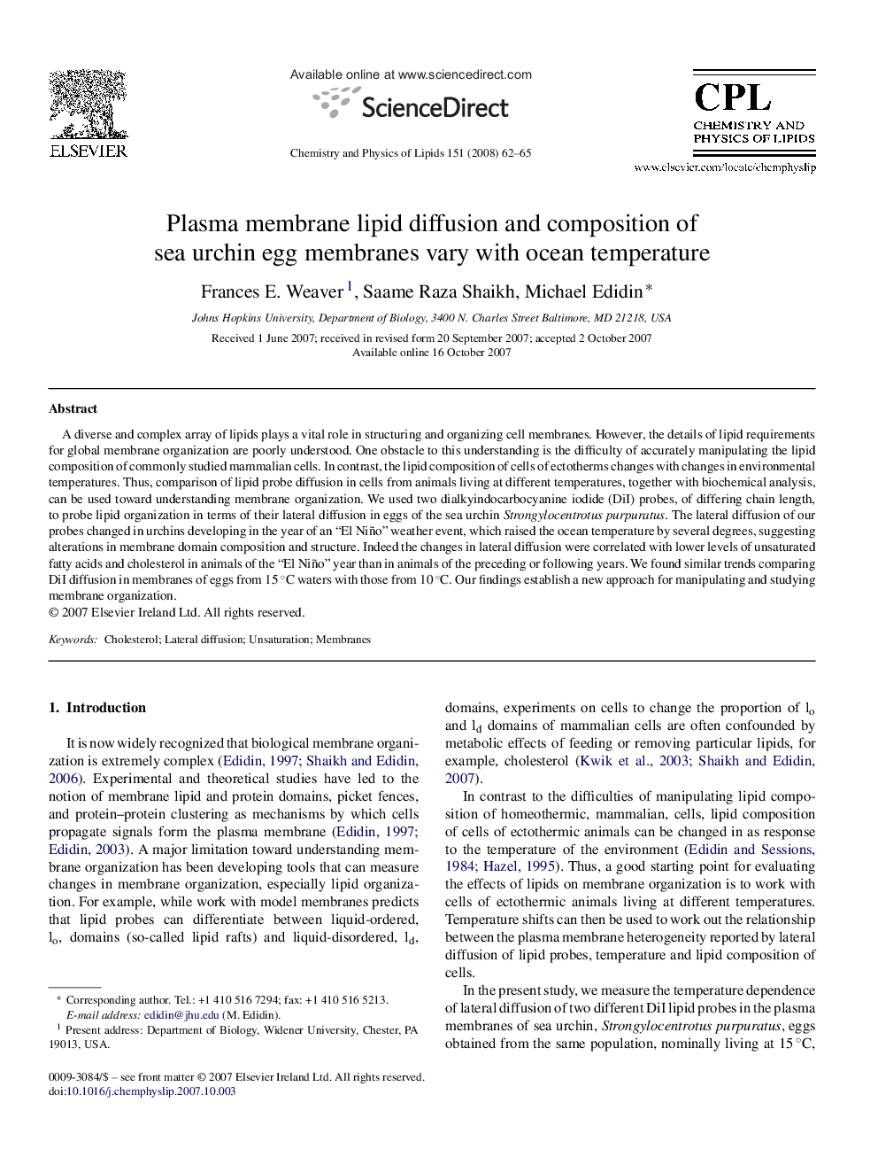 Plasma membrane lipid diffusion and composition of sea urchin egg membranes vary with ocean temperature