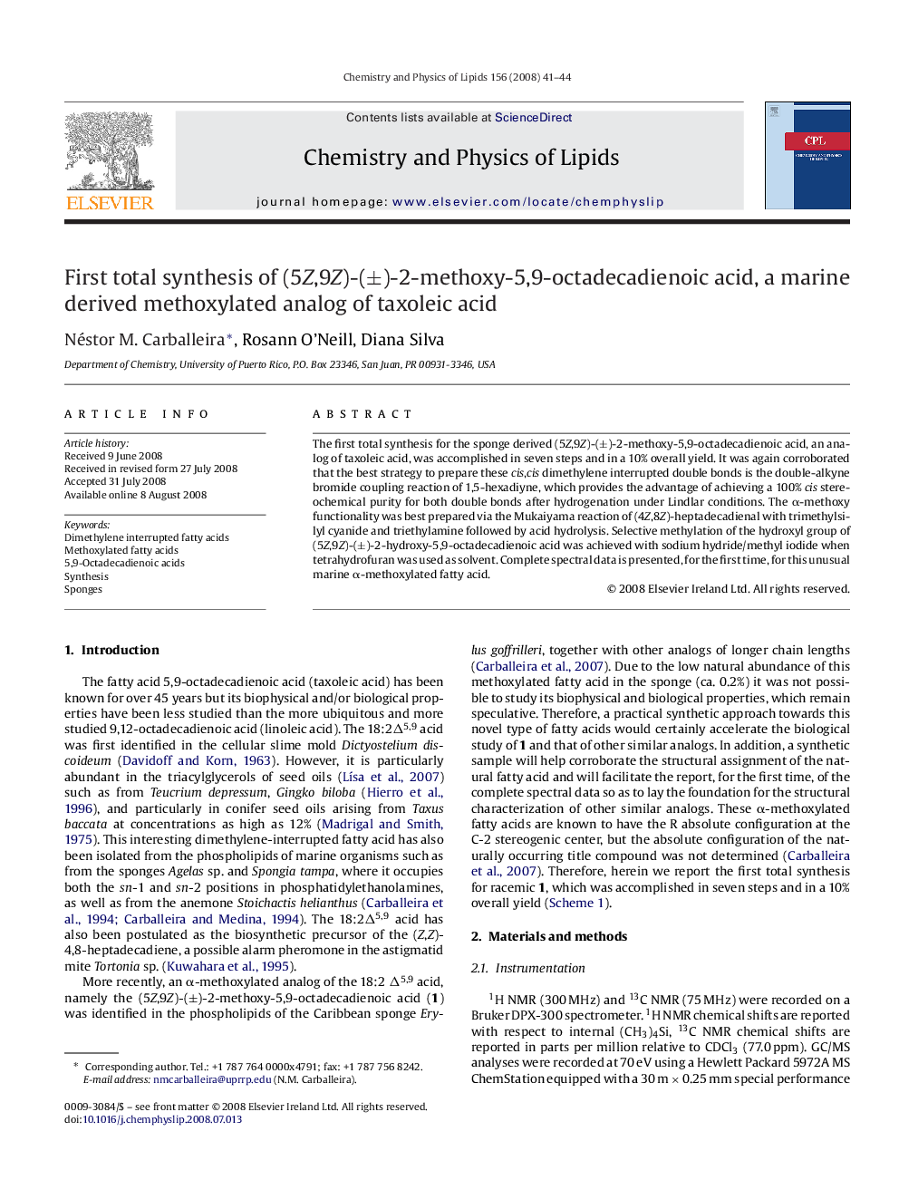 First total synthesis of (5Z,9Z)-(Â±)-2-methoxy-5,9-octadecadienoic acid, a marine derived methoxylated analog of taxoleic acid