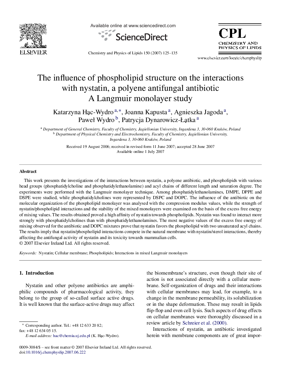 The influence of phospholipid structure on the interactions with nystatin, a polyene antifungal antibiotic: A Langmuir monolayer study