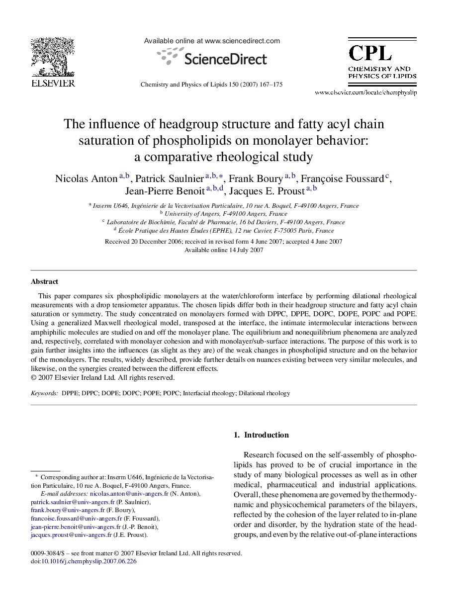 The influence of headgroup structure and fatty acyl chain saturation of phospholipids on monolayer behavior: a comparative rheological study