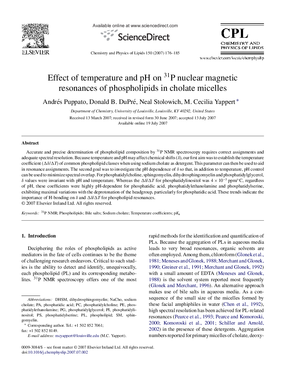 Effect of temperature and pH on 31P nuclear magnetic resonances of phospholipids in cholate micelles