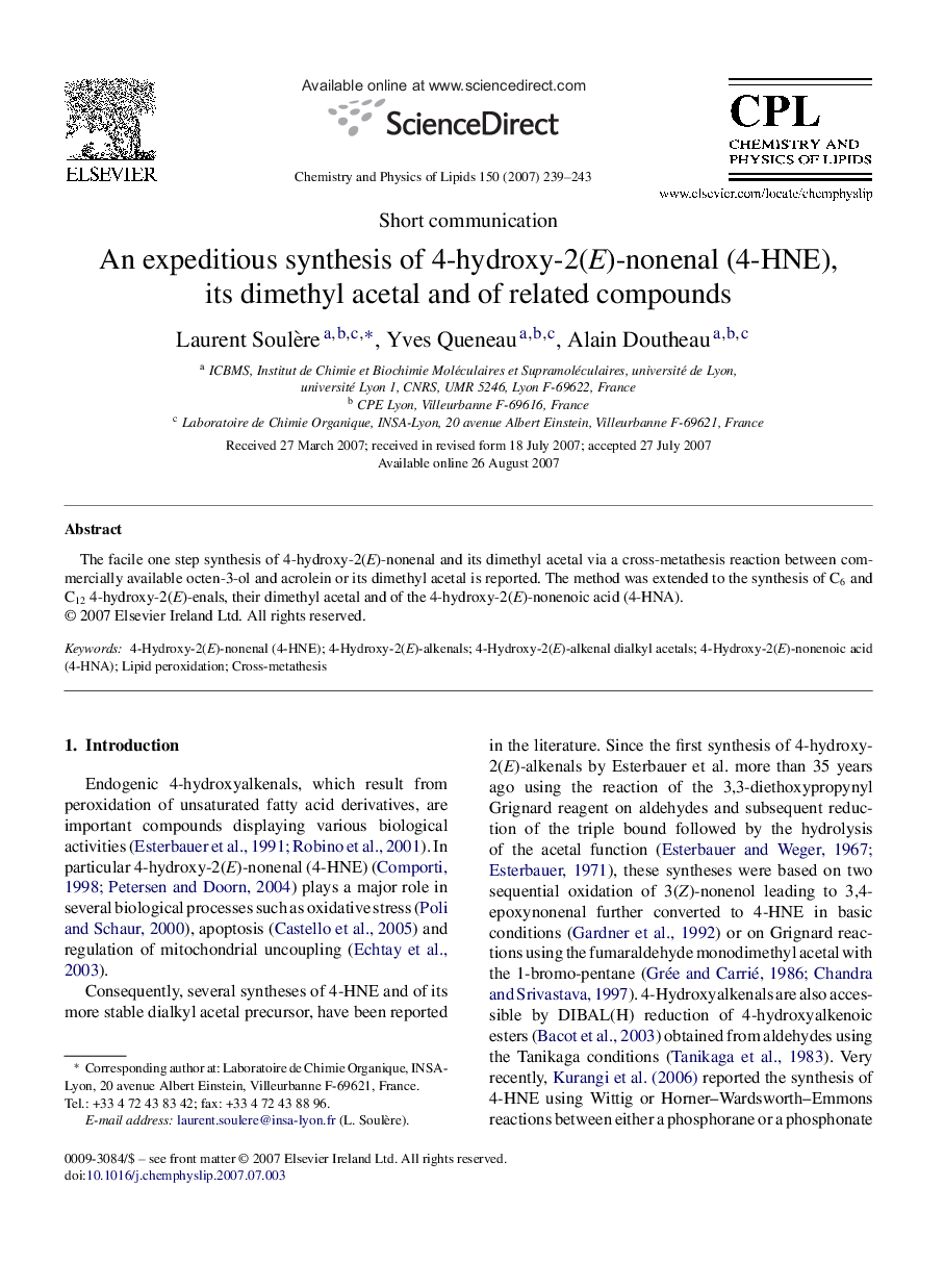 An expeditious synthesis of 4-hydroxy-2(E)-nonenal (4-HNE), its dimethyl acetal and of related compounds