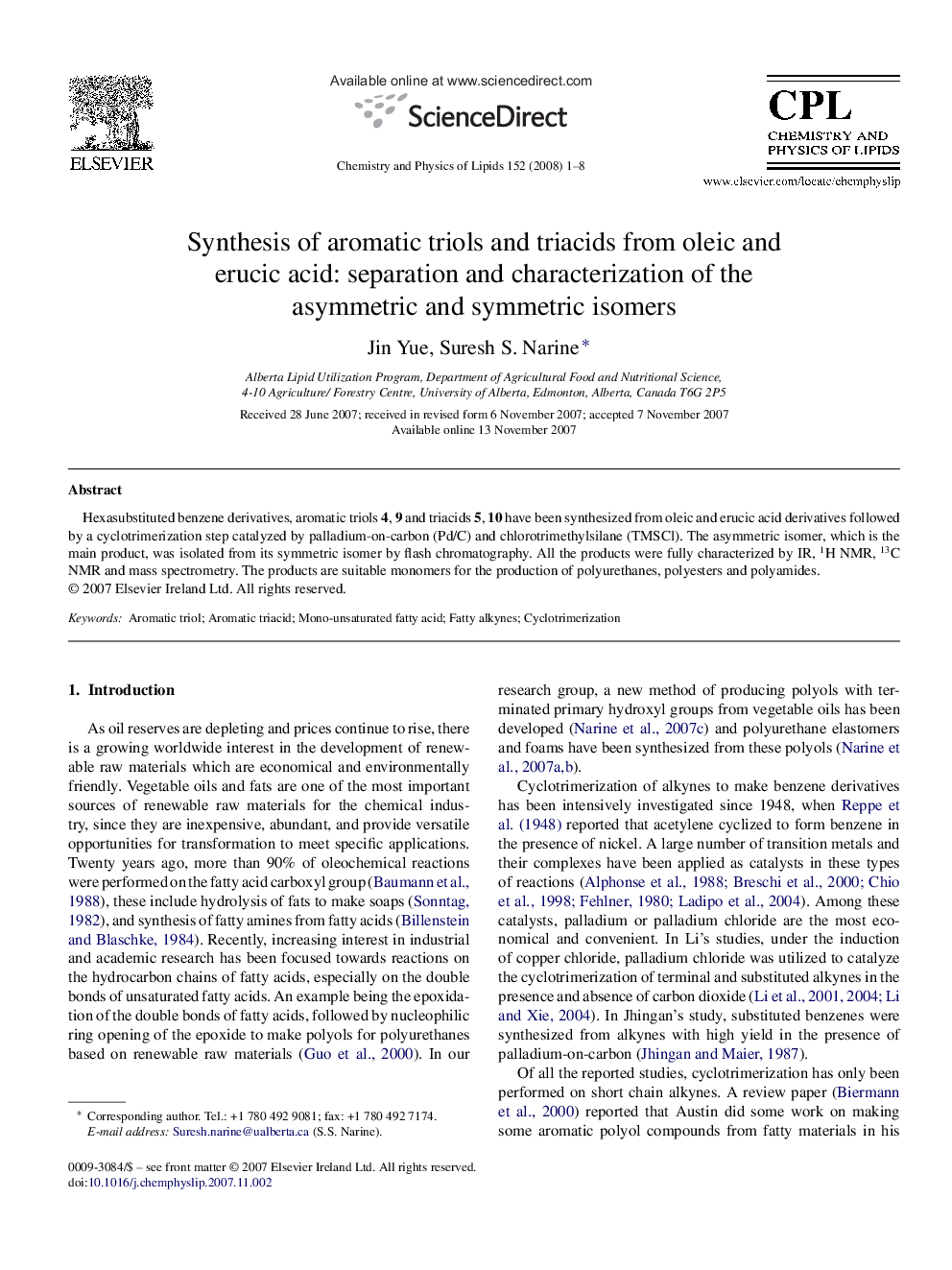 Synthesis of aromatic triols and triacids from oleic and erucic acid: separation and characterization of the asymmetric and symmetric isomers