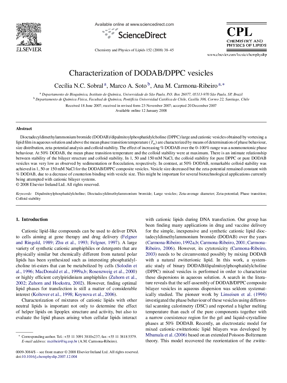 Characterization of DODAB/DPPC vesicles