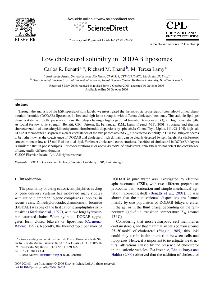 Low cholesterol solubility in DODAB liposomes