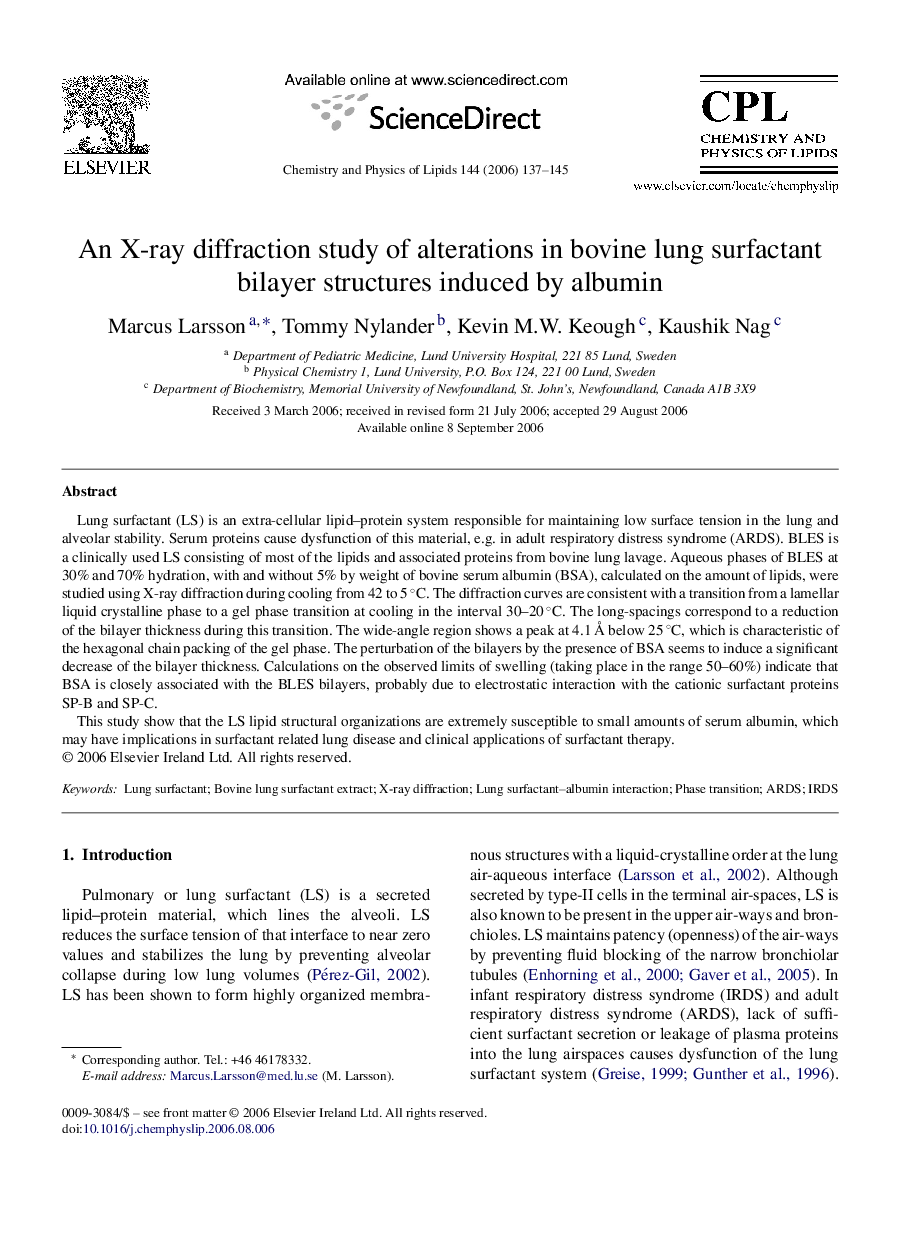 An X-ray diffraction study of alterations in bovine lung surfactant bilayer structures induced by albumin