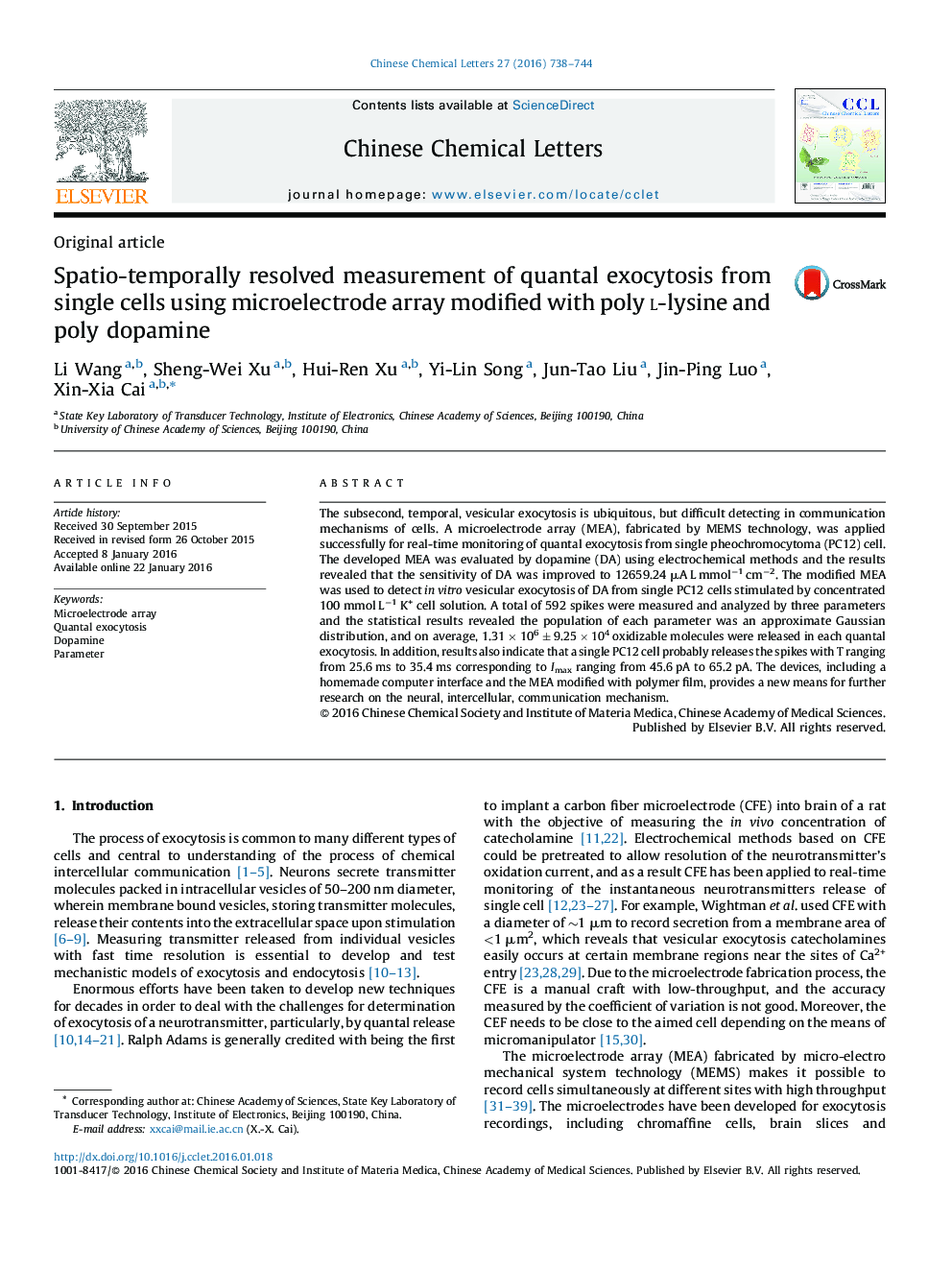 Spatio-temporally resolved measurement of quantal exocytosis from single cells using microelectrode array modified with poly l-lysine and poly dopamine