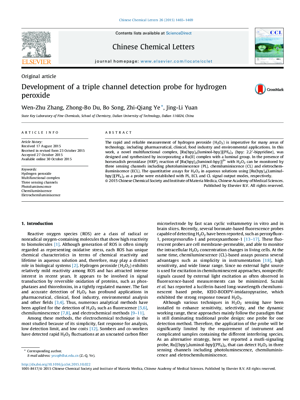 Development of a triple channel detection probe for hydrogen peroxide