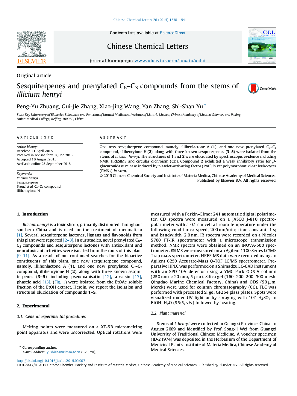 Sesquiterpenes and prenylated C6–C3 compounds from the stems of Illicium henryi