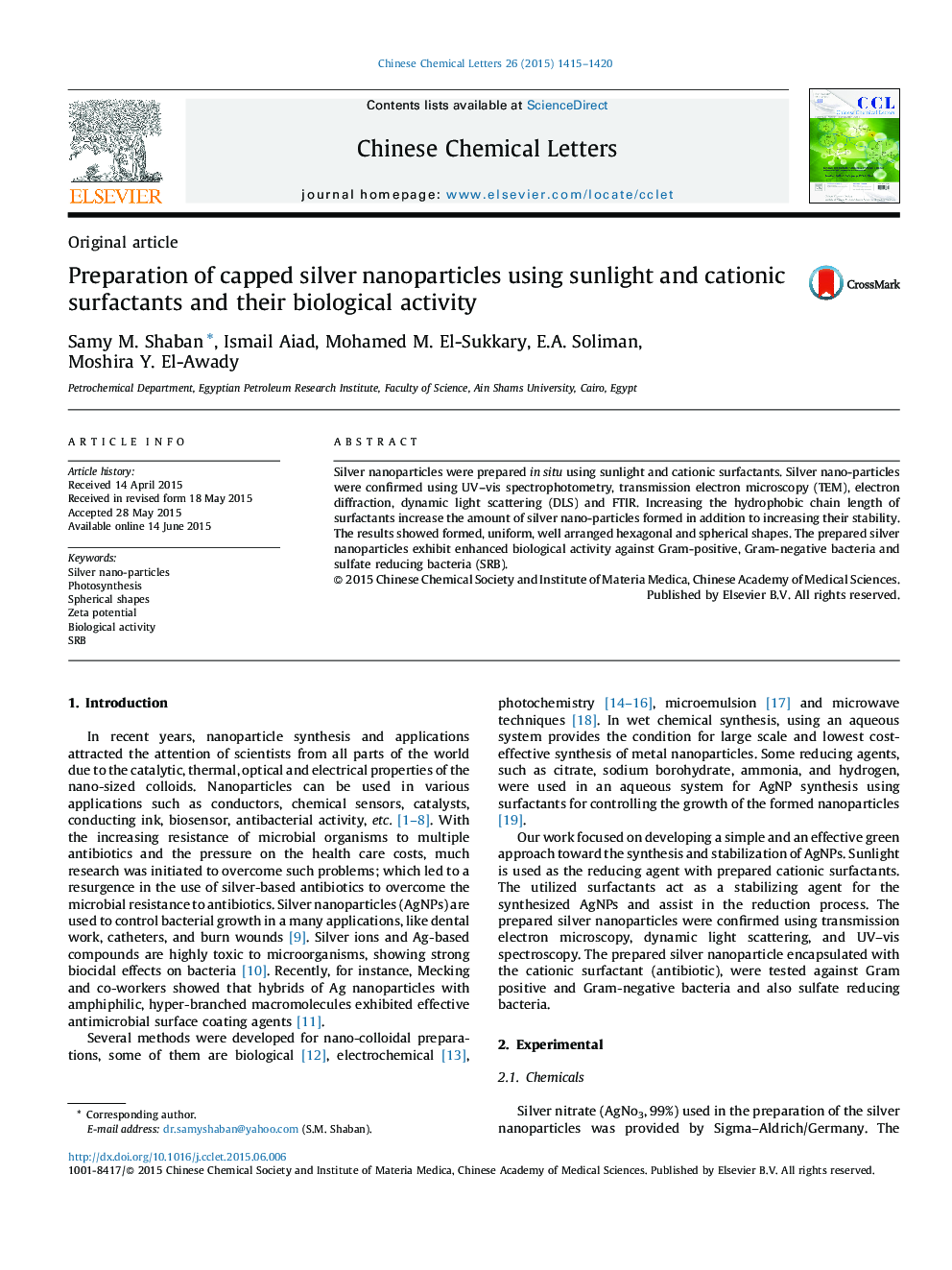 Preparation of capped silver nanoparticles using sunlight and cationic surfactants and their biological activity