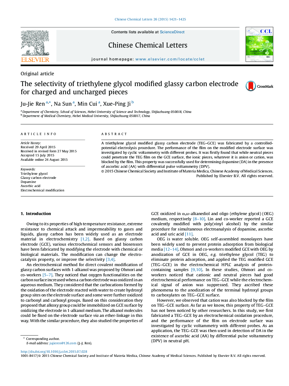 The selectivity of triethylene glycol modified glassy carbon electrode for charged and uncharged pieces