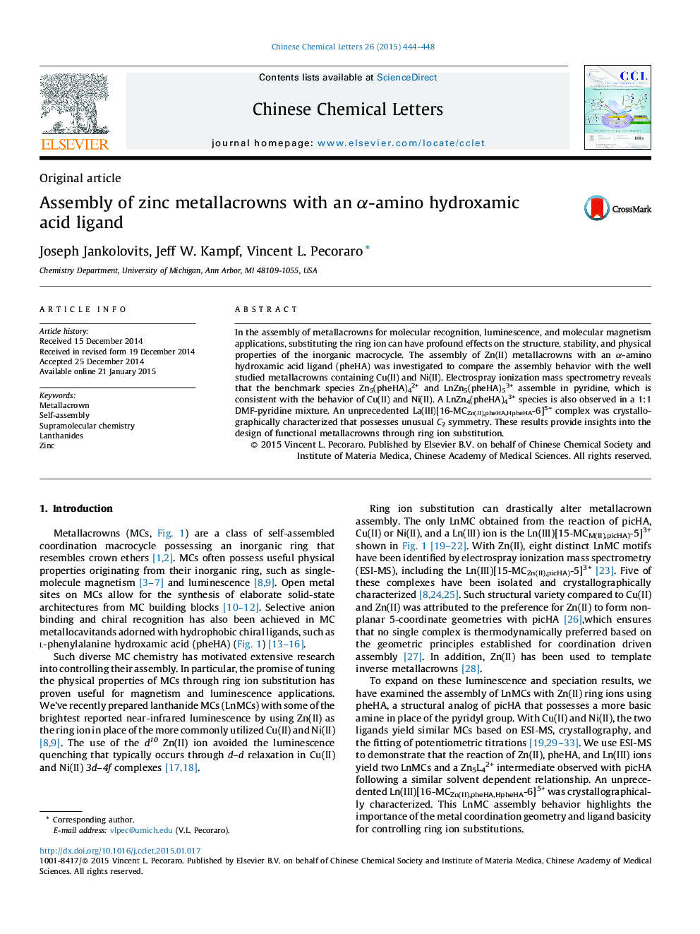 Assembly of zinc metallacrowns with an α-amino hydroxamic acid ligand