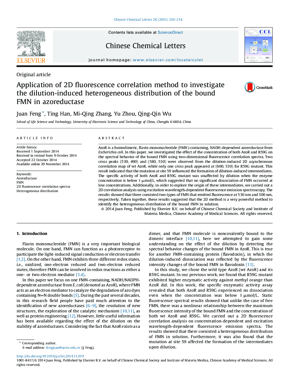 Application of 2D fluorescence correlation method to investigate the dilution-induced heterogeneous distribution of the bound FMN in azoreductase