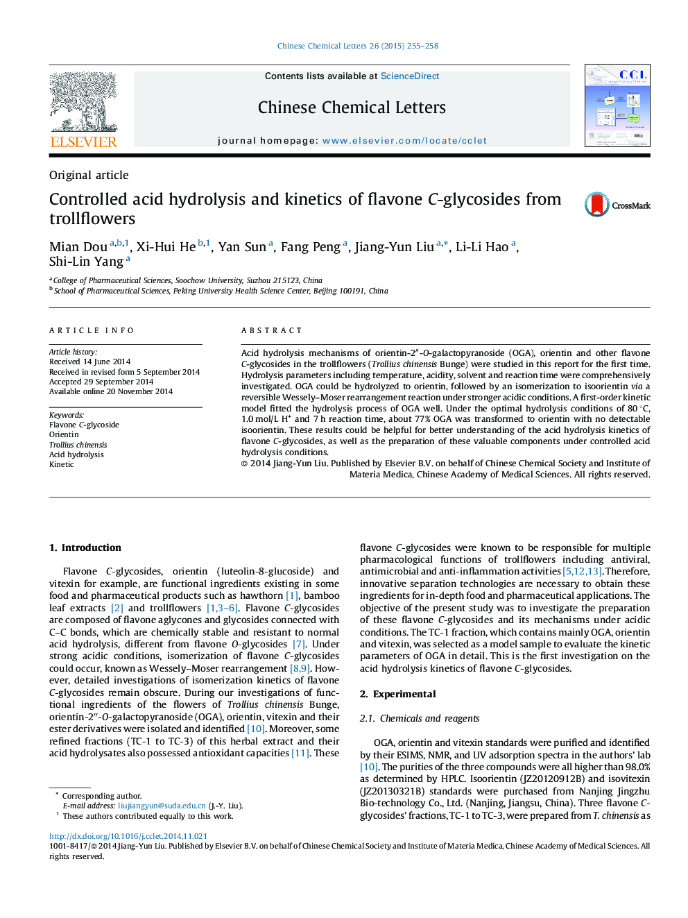 Controlled acid hydrolysis and kinetics of flavone C-glycosides from trollflowers