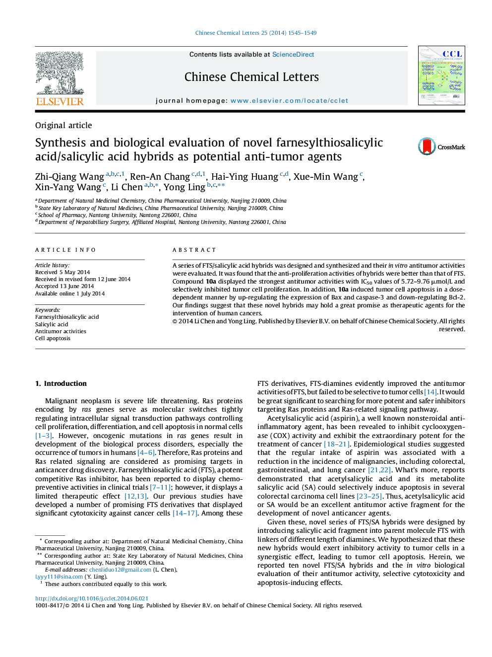 Synthesis and biological evaluation of novel farnesylthiosalicylic acid/salicylic acid hybrids as potential anti-tumor agents