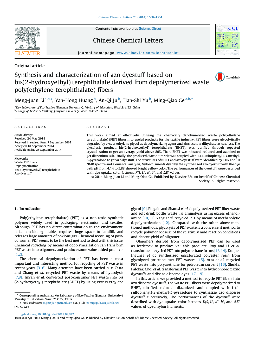 Synthesis and characterization of azo dyestuff based on bis(2-hydroxyethyl) terephthalate derived from depolymerized waste poly(ethylene terephthalate) fibers
