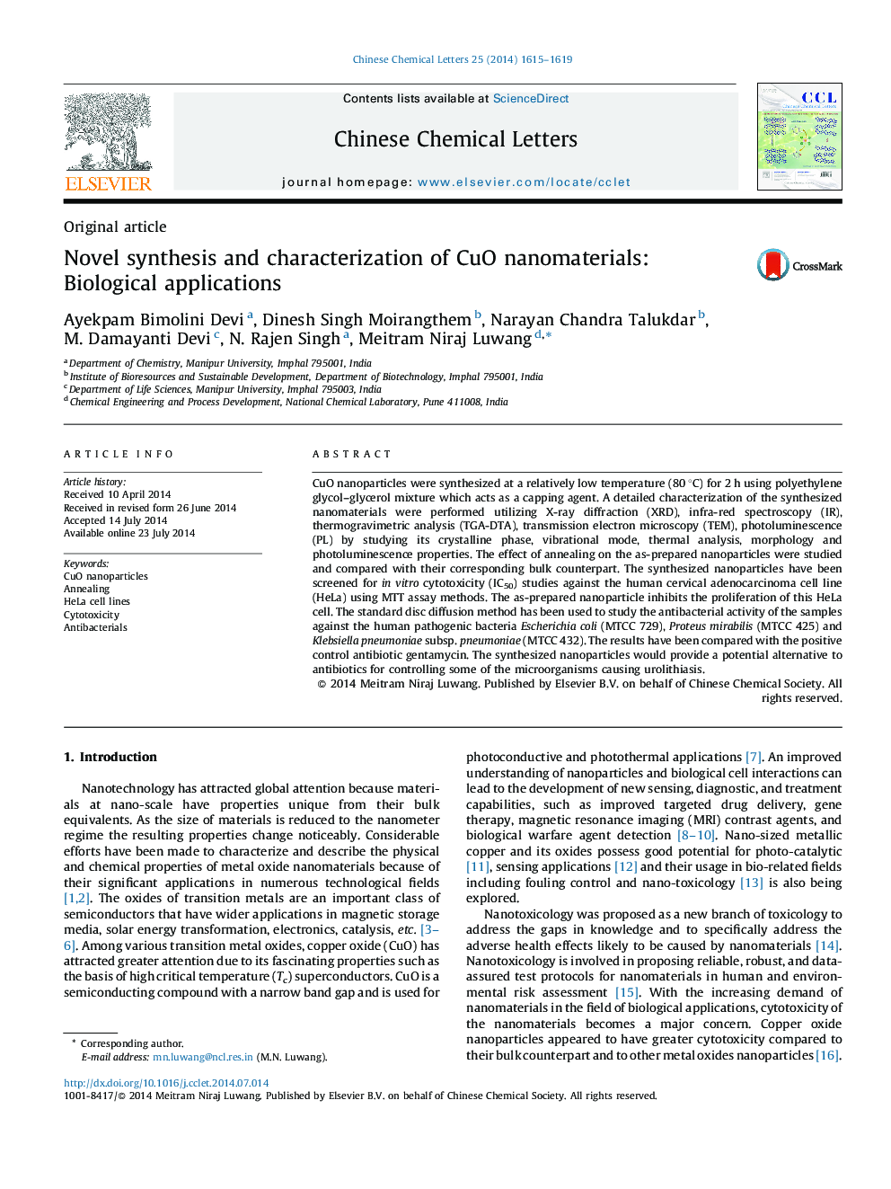 Novel synthesis and characterization of CuO nanomaterials: Biological applications