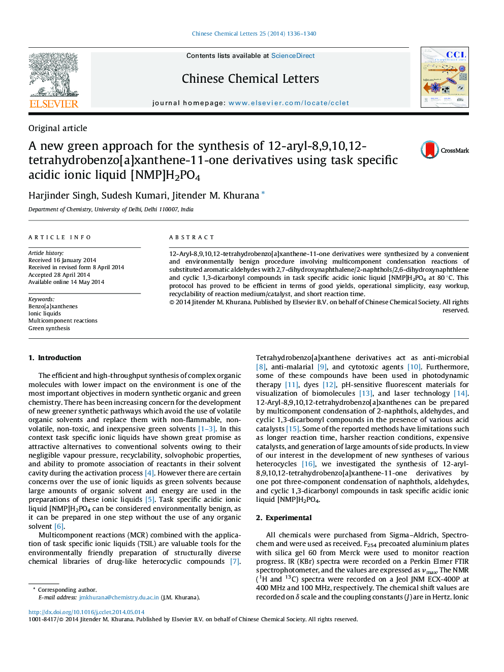 A new green approach for the synthesis of 12-aryl-8,9,10,12-tetrahydrobenzo[a]xanthene-11-one derivatives using task specific acidic ionic liquid [NMP]H2PO4