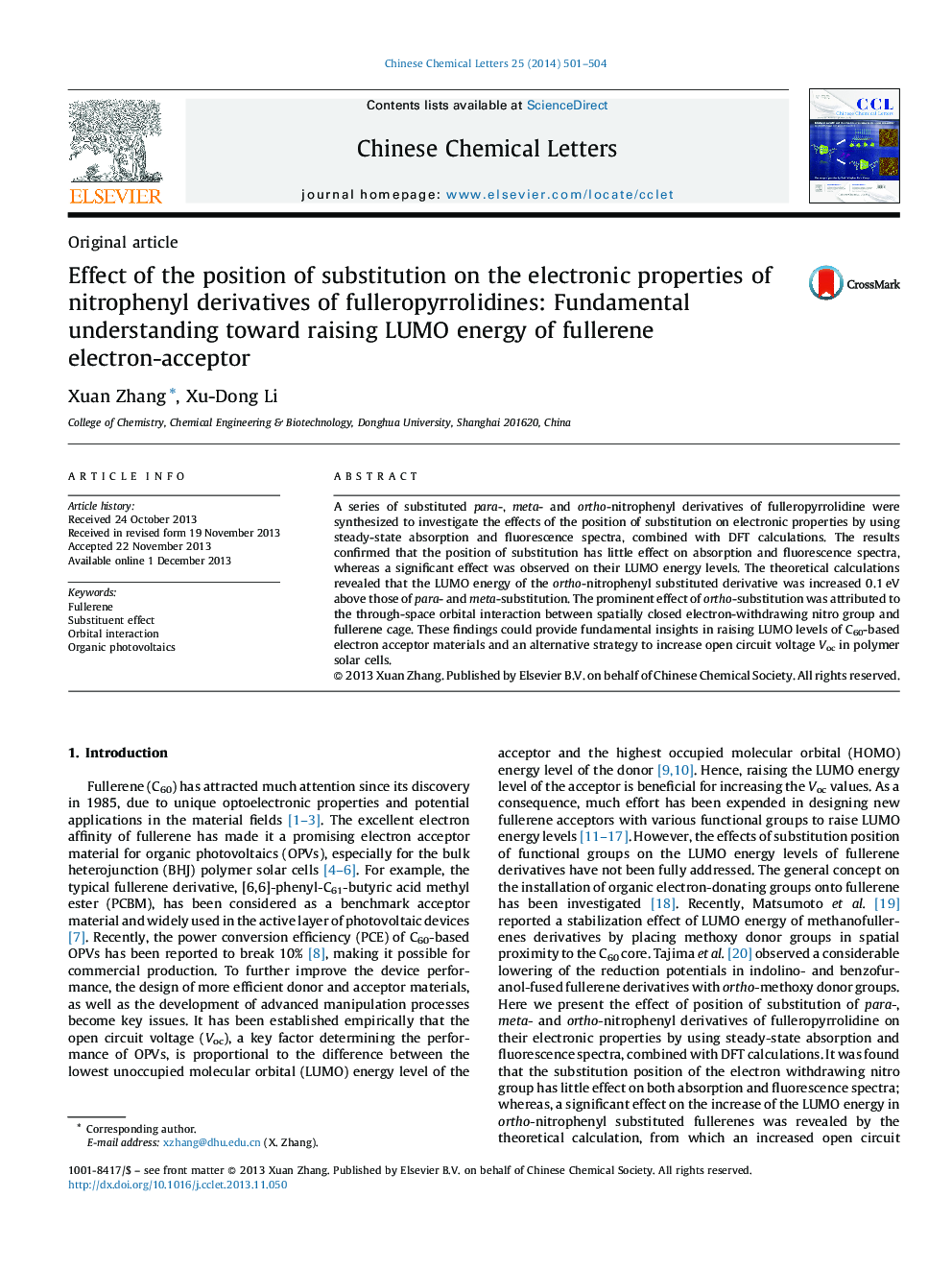 Effect of the position of substitution on the electronic properties of nitrophenyl derivatives of fulleropyrrolidines: Fundamental understanding toward raising LUMO energy of fullerene electron-acceptor