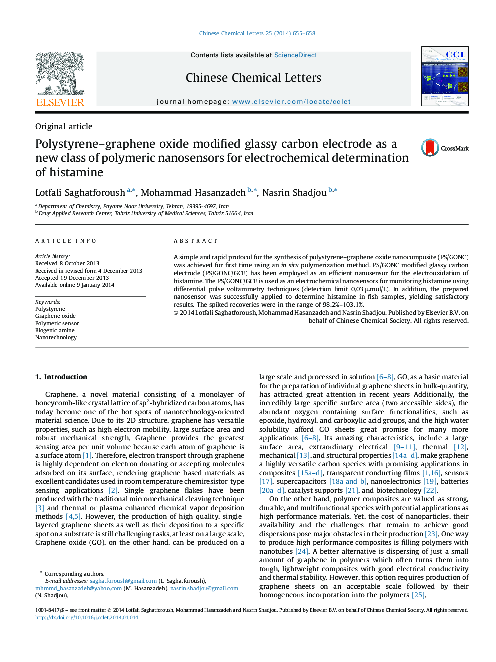 Polystyrene–graphene oxide modified glassy carbon electrode as a new class of polymeric nanosensors for electrochemical determination of histamine