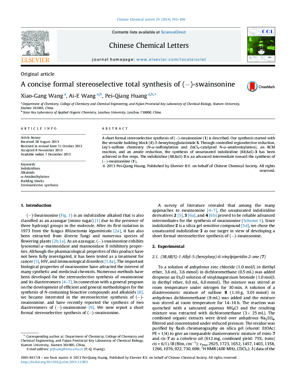 A concise formal stereoselective total synthesis of (−)-swainsonine