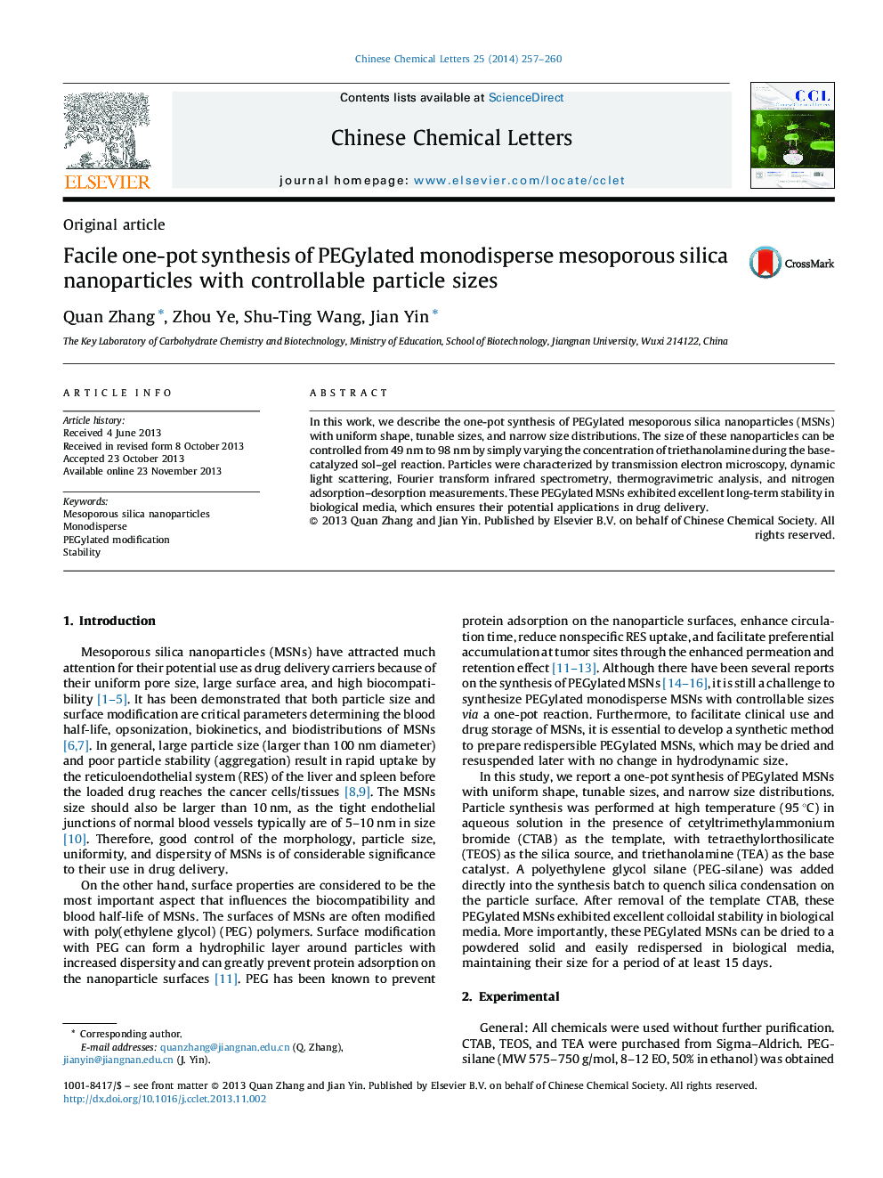 Facile one-pot synthesis of PEGylated monodisperse mesoporous silica nanoparticles with controllable particle sizes