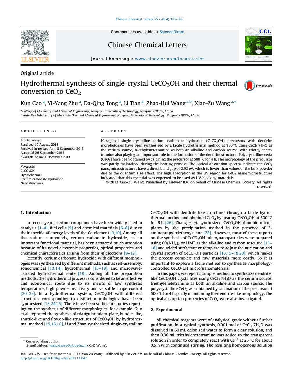 Hydrothermal synthesis of single-crystal CeCO3OH and their thermal conversion to CeO2