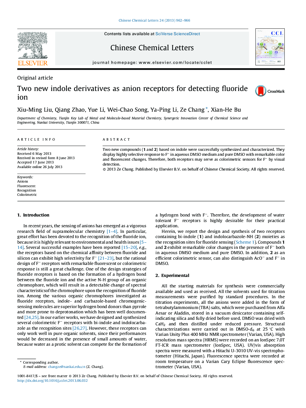 Two new indole derivatives as anion receptors for detecting fluoride ion