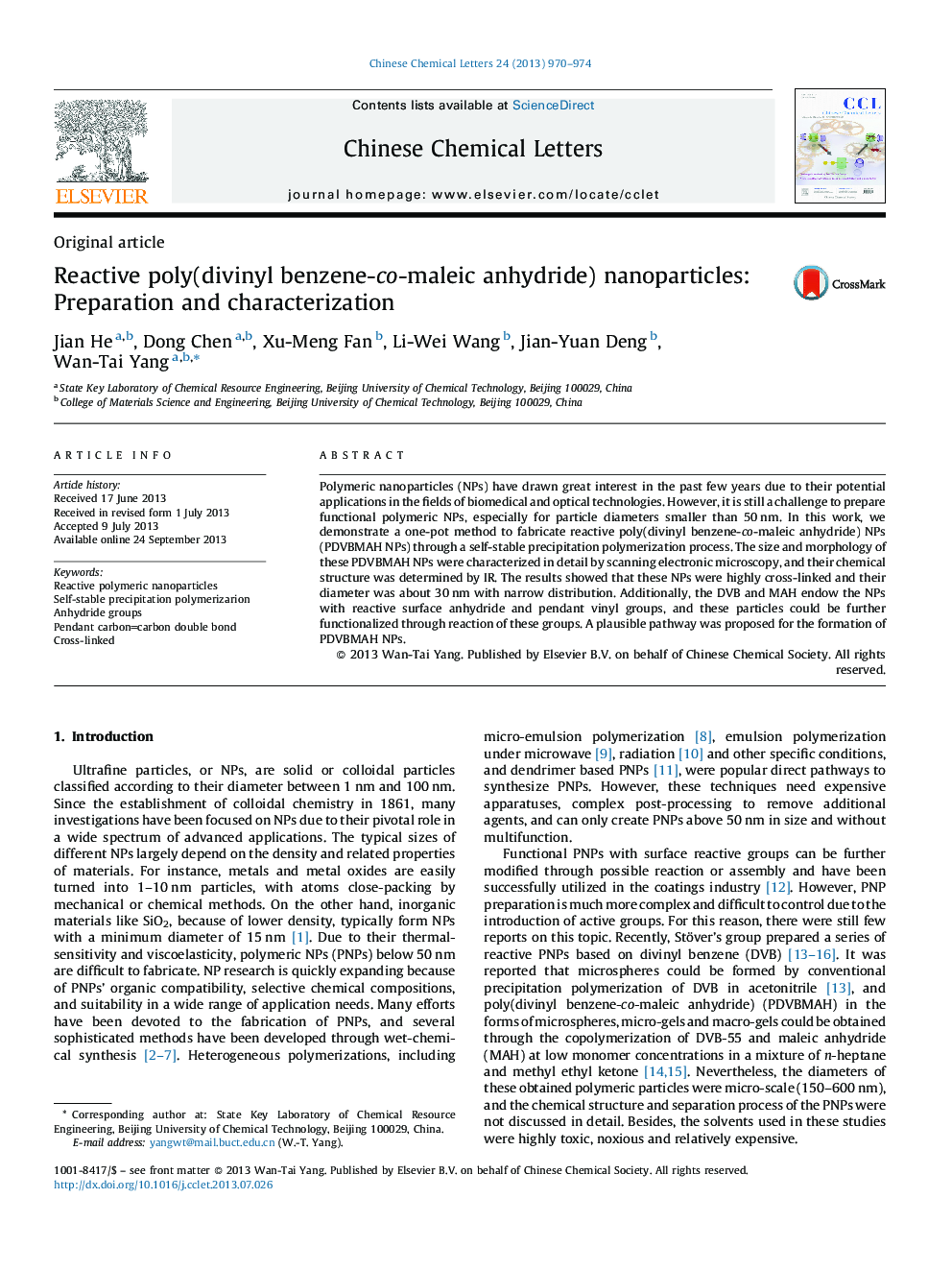 Reactive poly(divinyl benzene-co-maleic anhydride) nanoparticles: Preparation and characterization