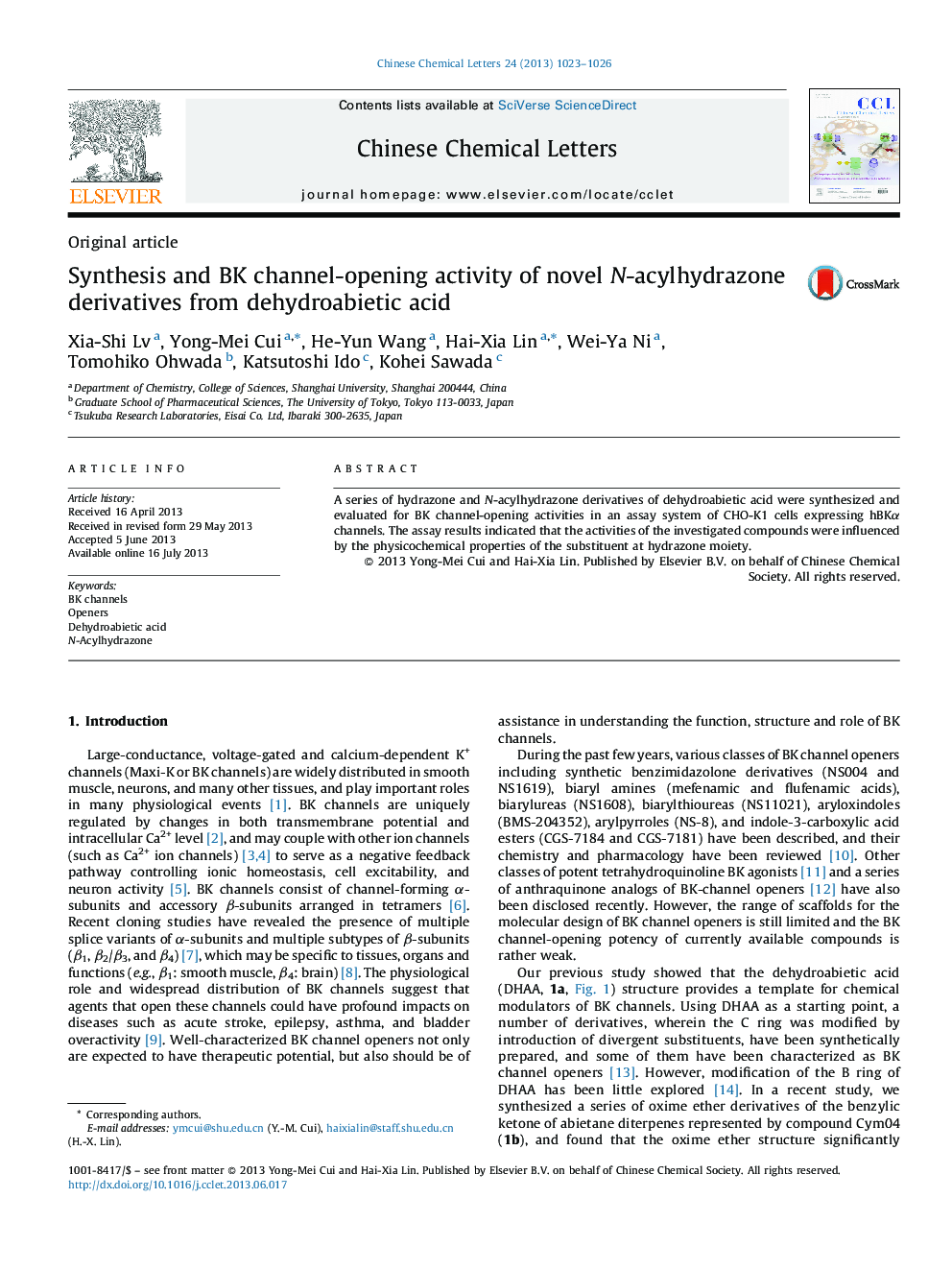 Synthesis and BK channel-opening activity of novel N-acylhydrazone derivatives from dehydroabietic acid