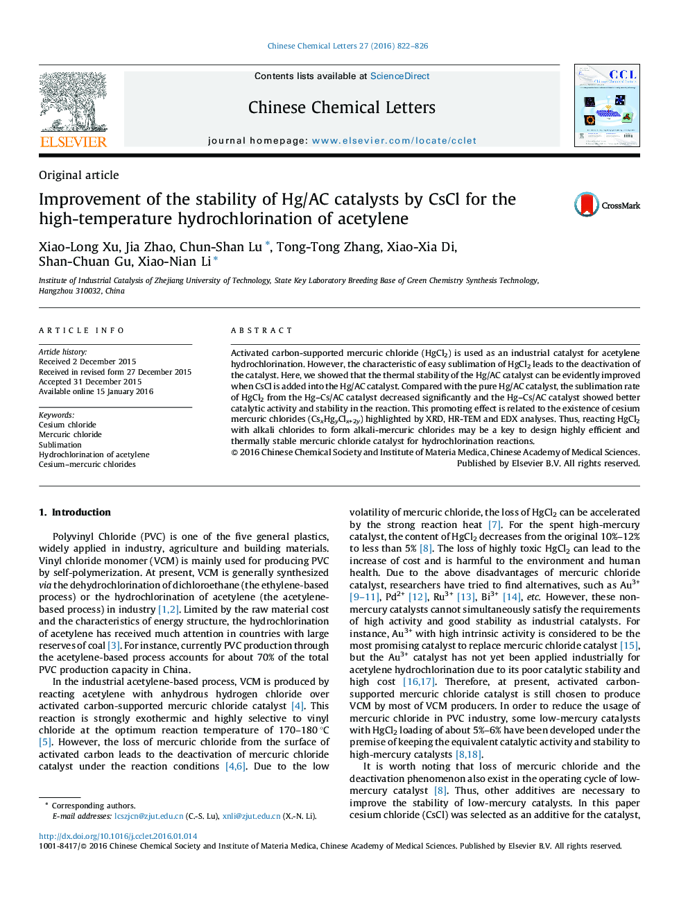 Improvement of the stability of Hg/AC catalysts by CsCl for the high-temperature hydrochlorination of acetylene