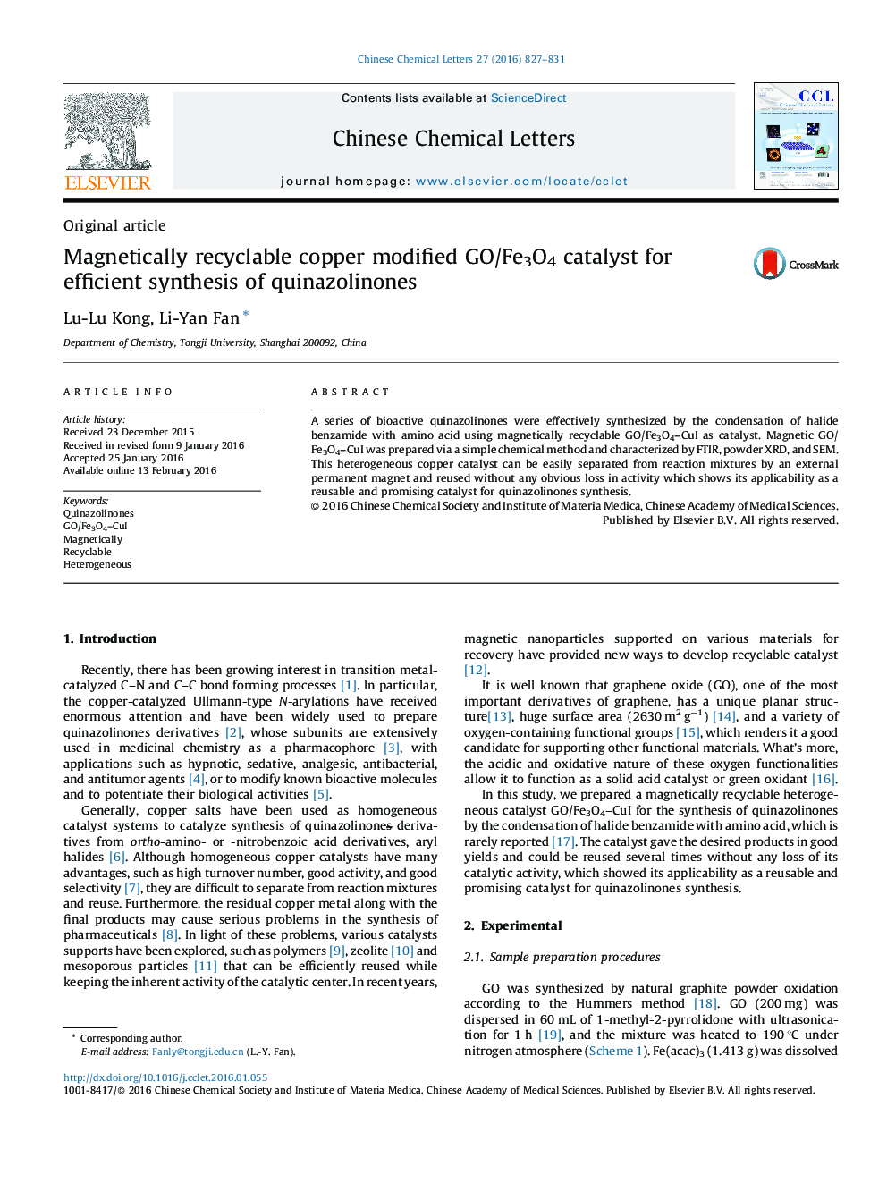 Magnetically recyclable copper modified GO/Fe3O4 catalyst for efficient synthesis of quinazolinones