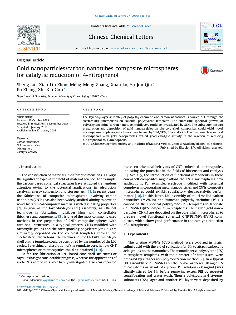 Gold nanoparticles/carbon nanotubes composite microspheres for catalytic reduction of 4-nitrophenol