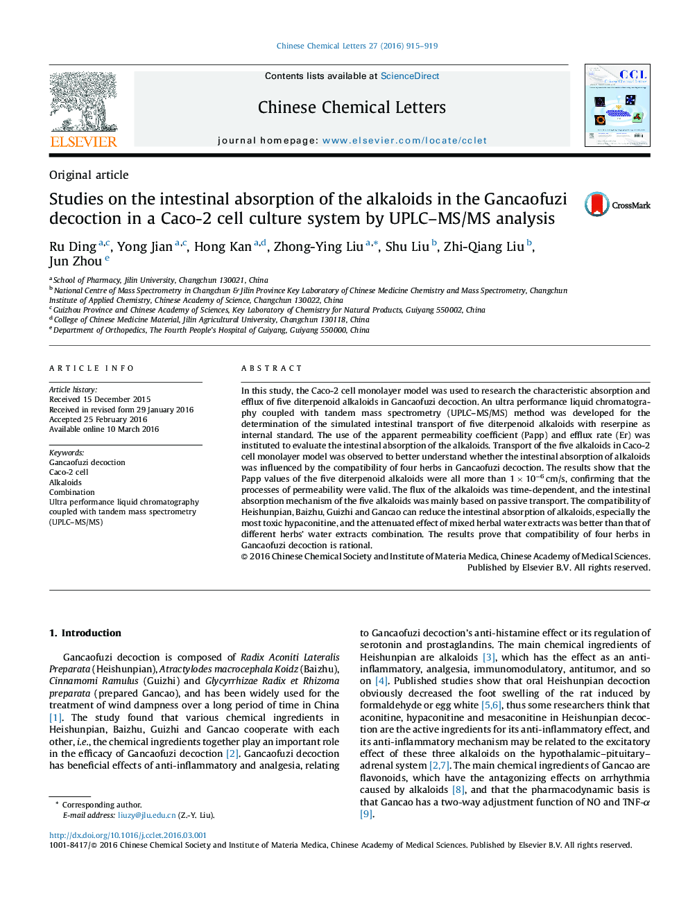 Studies on the intestinal absorption of the alkaloids in the Gancaofuzi decoction in a Caco-2 cell culture system by UPLC–MS/MS analysis