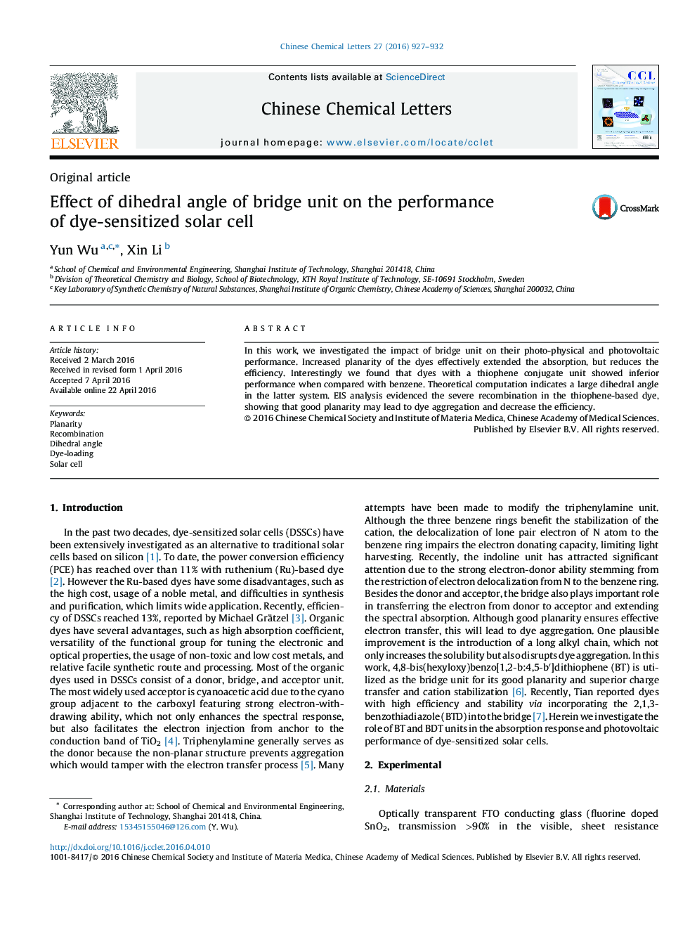 Effect of dihedral angle of bridge unit on the performance of dye-sensitized solar cell