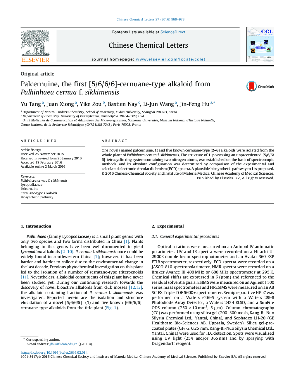 Palcernuine, the first [5/6/6/6]-cernuane-type alkaloid from Palhinhaea cernua f. sikkimensis